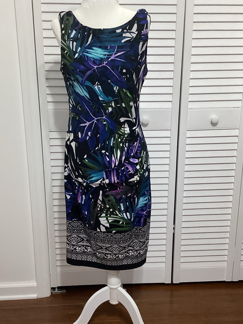 connected apparel Sleeveless Tropical Leaf Midi Dress in Blue, Green & Purple